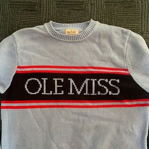Ole Miss crew neck sweater in periwinkle blue. Super soft and classic style.